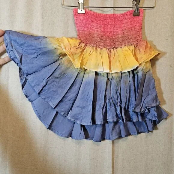 Chaser Smocked Tube Top With Tiered Ruffle Tie Dye Red Yellow Blue Rainbow XS - Picture 3 of 7